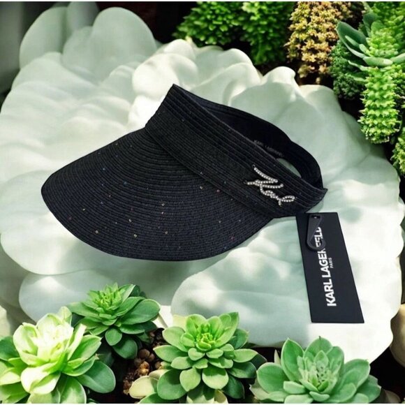 KARL LAGERFELD Black Logo Straw Visor NEW with tags - Picture 1 of 7